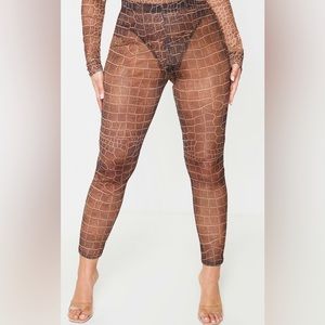Pretty Little Thing Brown Croc Print Mesh Leggings